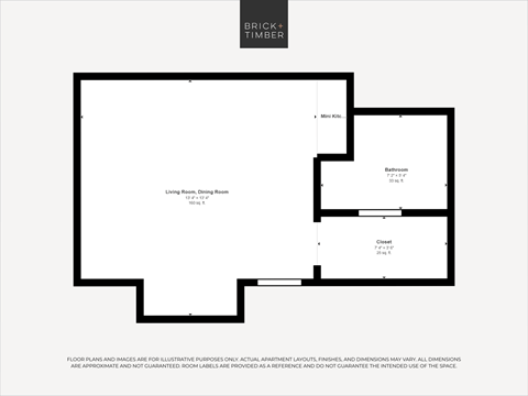 A black and white image of a floor plan for a living room, dining room, and kitchen.